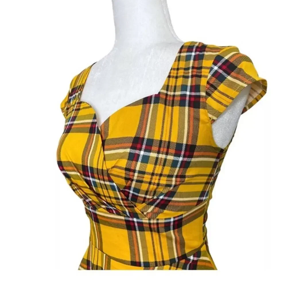 Hanpceirs Cap Sleeve 1950s Retro Vintage Style swing Gold Plaid Dress size XS
